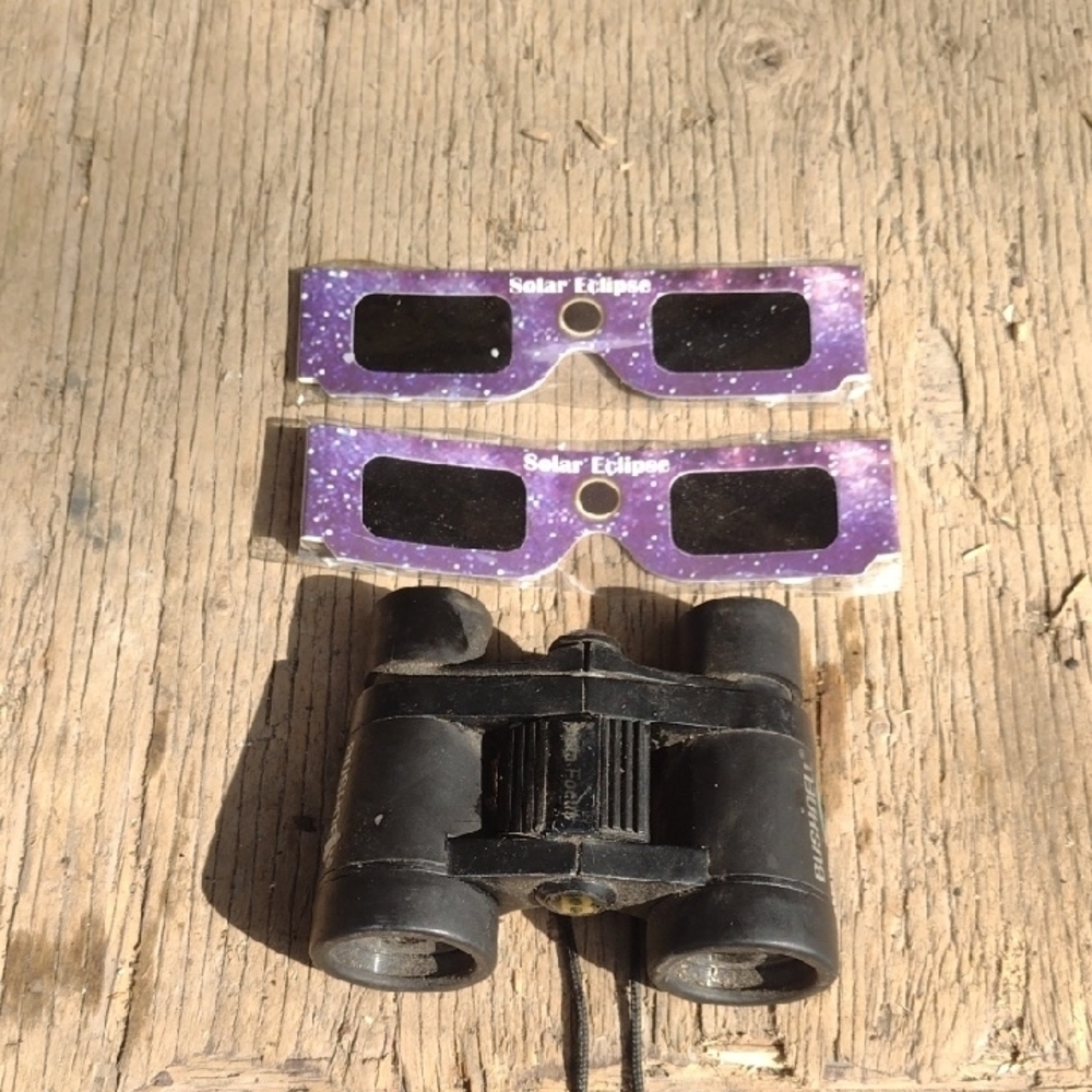 Bushnell Insta Focus Black Binoculars and Purple Solar Eclipse Glasses(2)